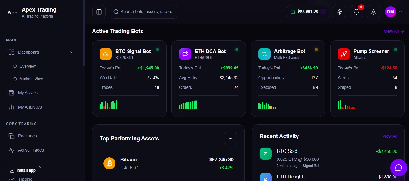 Apex Trading - autonomous AI crypto trading bots and copy trading dashboard